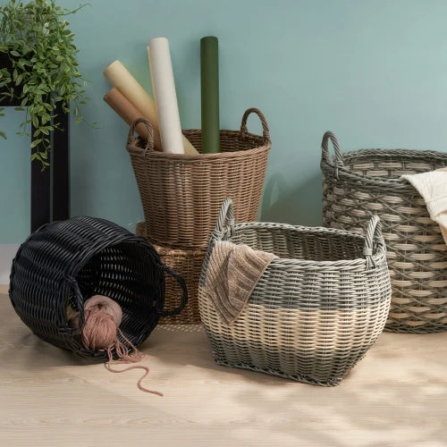Resin Woven Wicker Basket With Handles For Storage