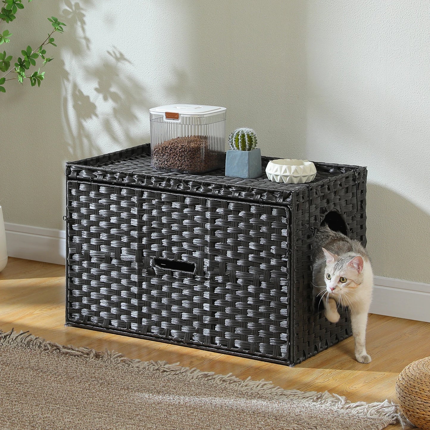 PEQULTI Rattan Litter Box Enclosure With Taller Doorway Flip-Up Design.