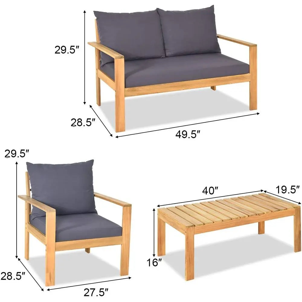 4 Piece Outdoor Acacia Wood Dining Set With Table And Cushions