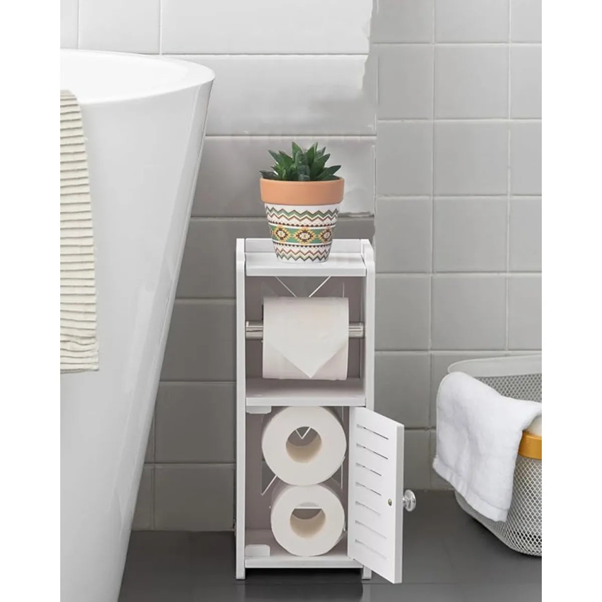 XIUWO Free Standing Bathroom Storage Cabinet With Toilet Paper Holder