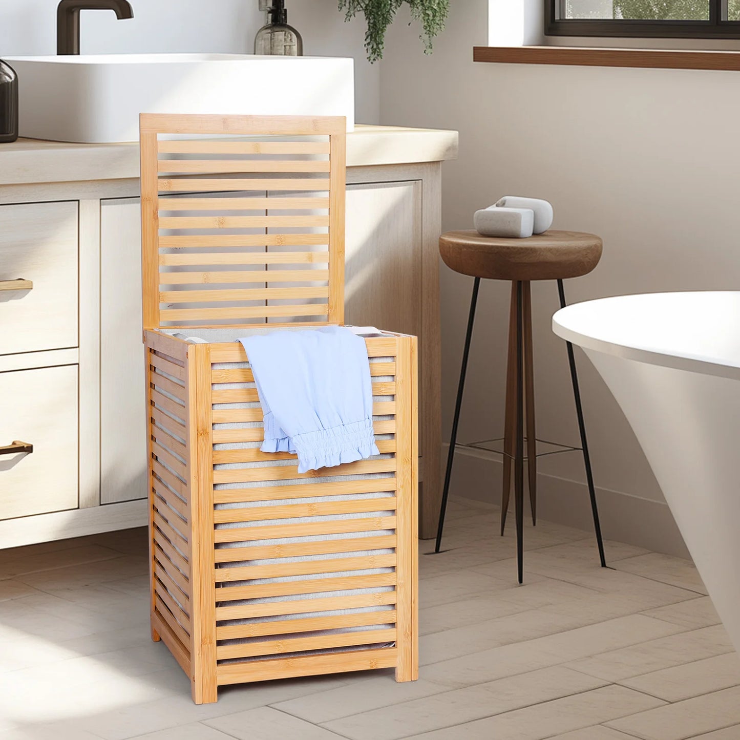 Shunmaii Bamboo Laundry Hamper With Removable Liner Bag
