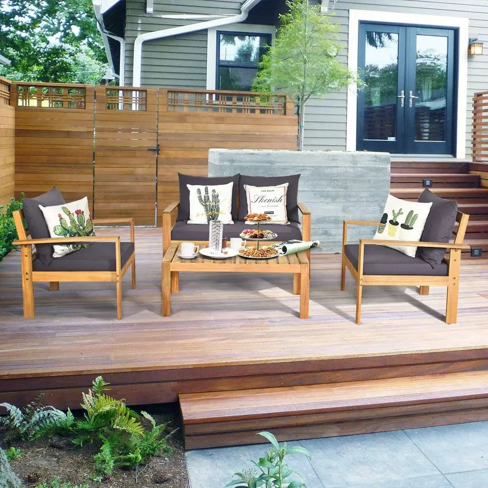 4 Piece Outdoor Acacia Wood Dining Set With Table And Cushions