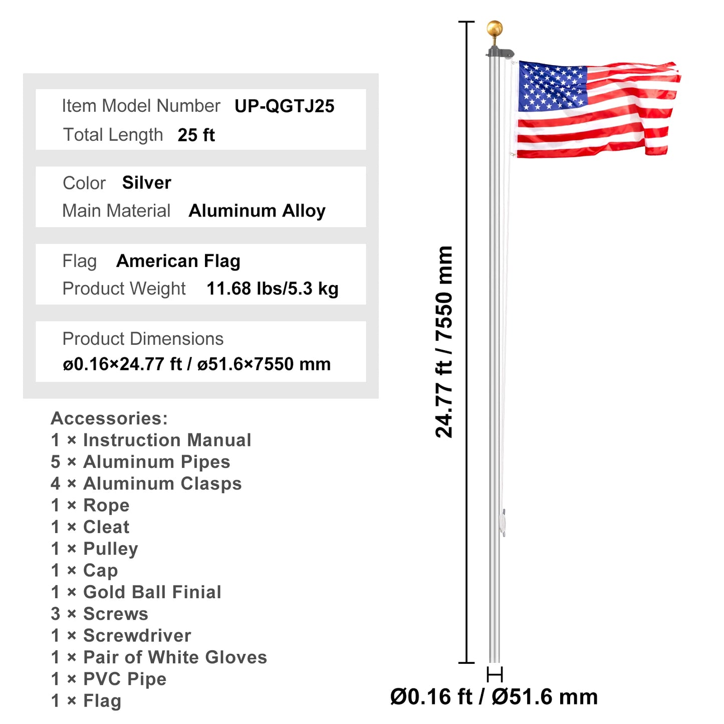 VEVOR Aluminum Flag Pole Kit for Yard With American Flag