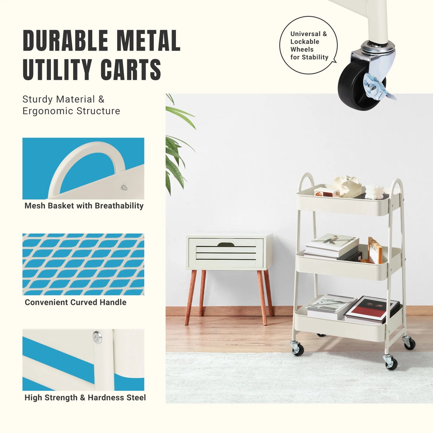 JHK Three Tier Metal Storage Cart With Lockable Wheels