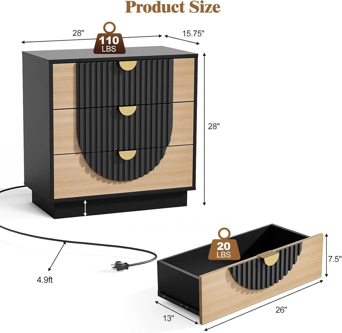 Symmetrical Arc 3-Drawer Nightstand With Charging Station