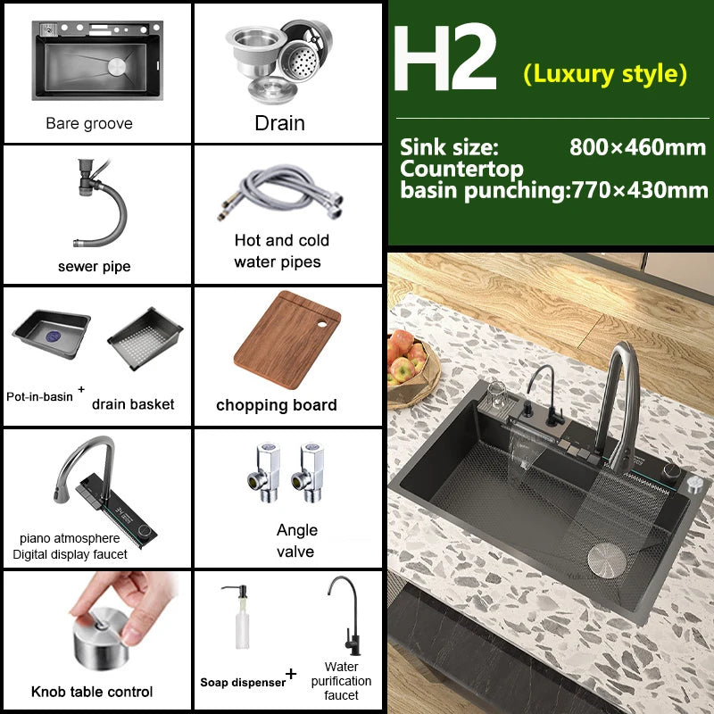 Telisiya Stainless Steel Waterfall Kitchen Sink With Digital Display