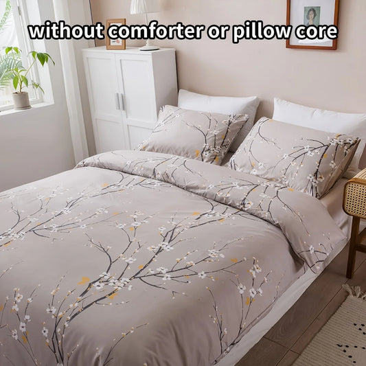 Plum Blossom Print Three-Piece Quilt Cover Set, Skin Friendly Bedding