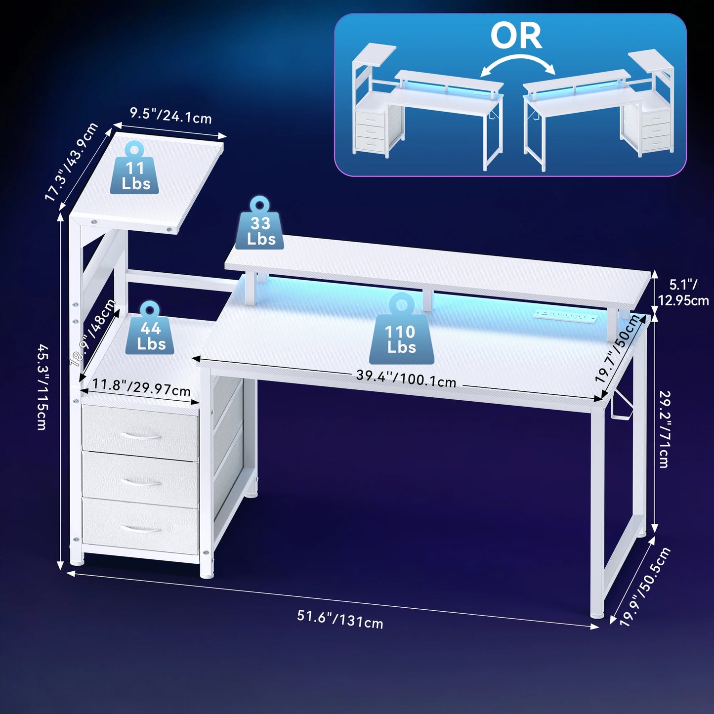 JHK Gaming Desk With LED Lights And 3 Storage Drawers