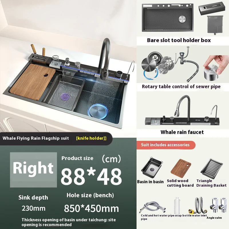 Telisiya Waterfall Kitchen Sink Stainless Steel Multifunctional Large Single