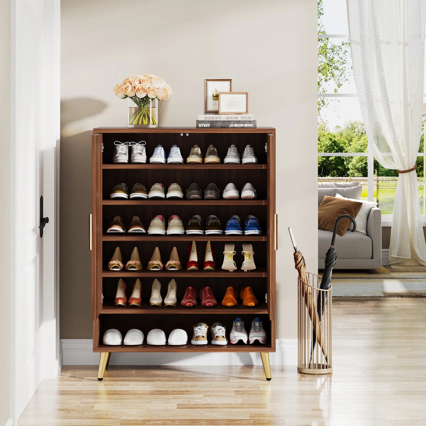 Tribesigns Six Tier Shoe Cabinet With Doors And Adjustable Shelves