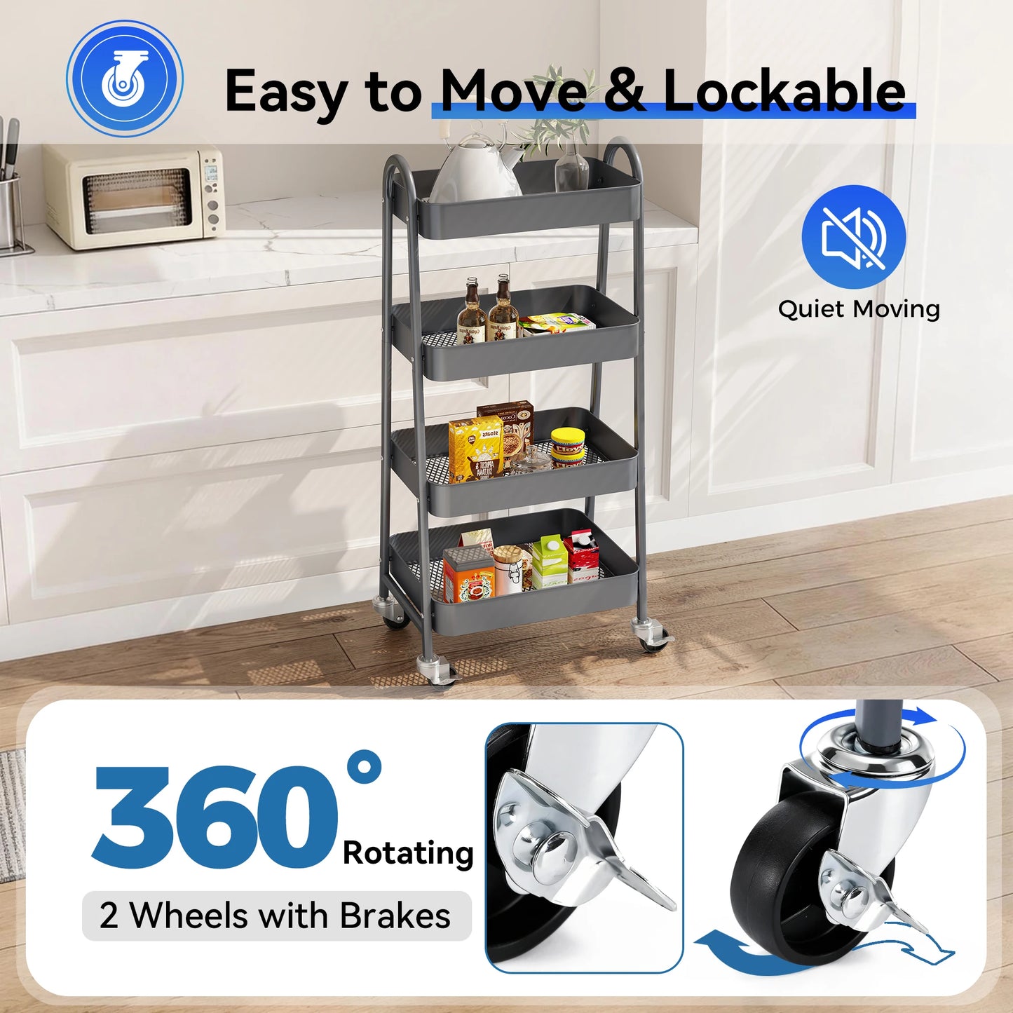JHK 4 Tier Metal Storage Kitchen Cart With Lockable Wheels