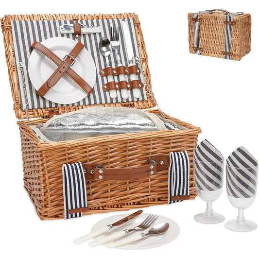 NBVCX Handmade Wicker Picnic Set For Two With Insulated Cooler