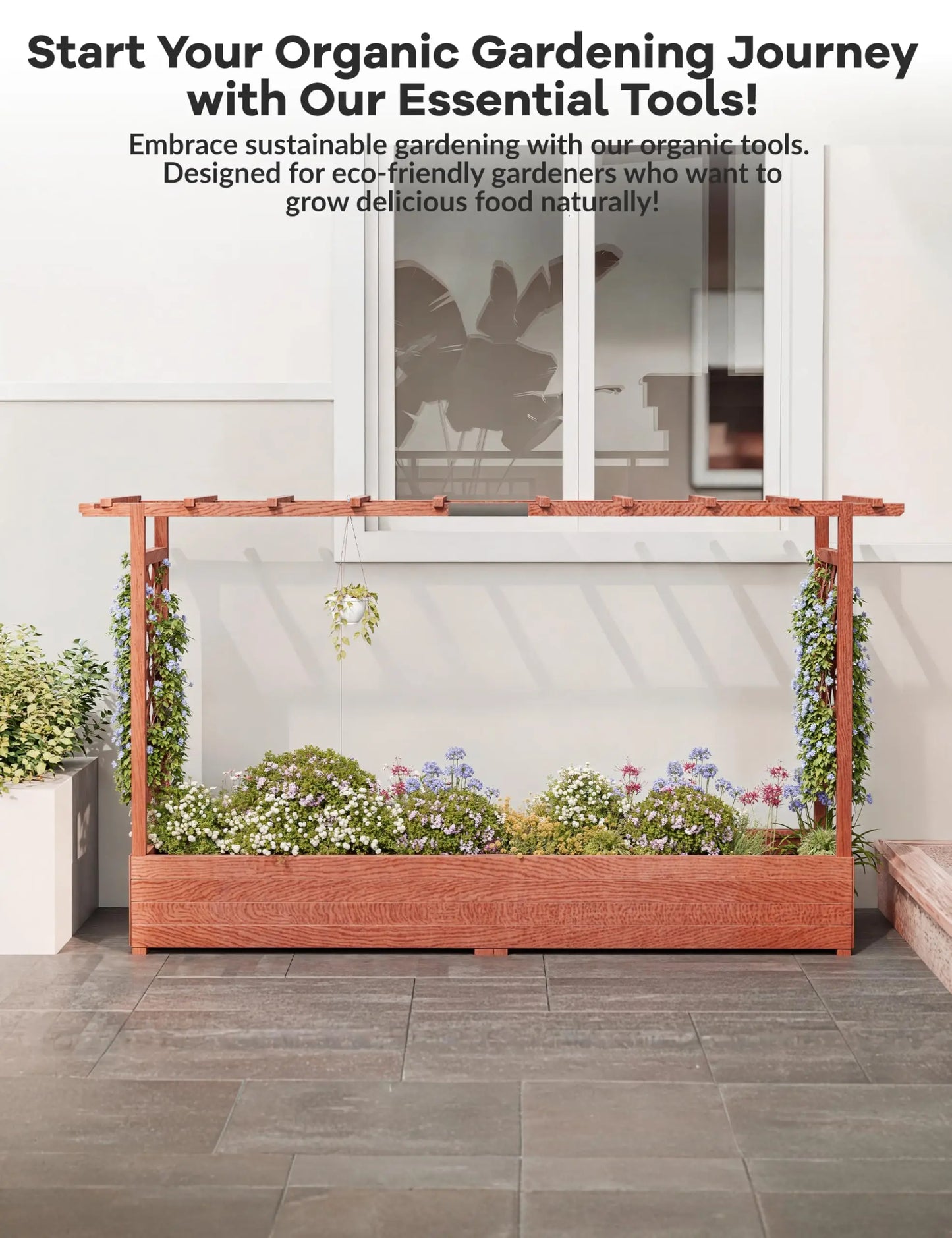 HiMISS Wooden Raised Garden Bed With Trellis Canopy Drainage