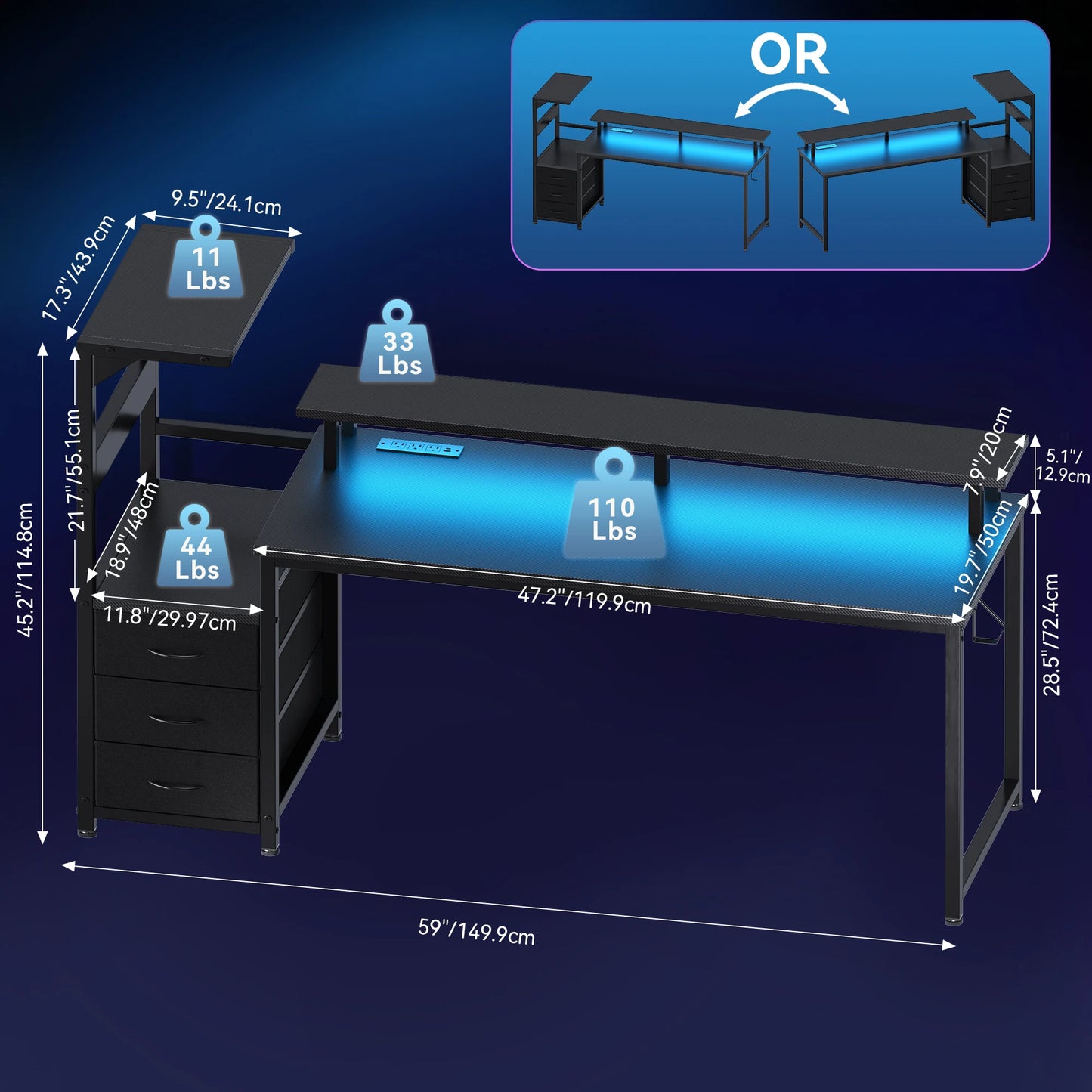 JHK Gaming Desk With LED Lights And 3 Storage Drawers