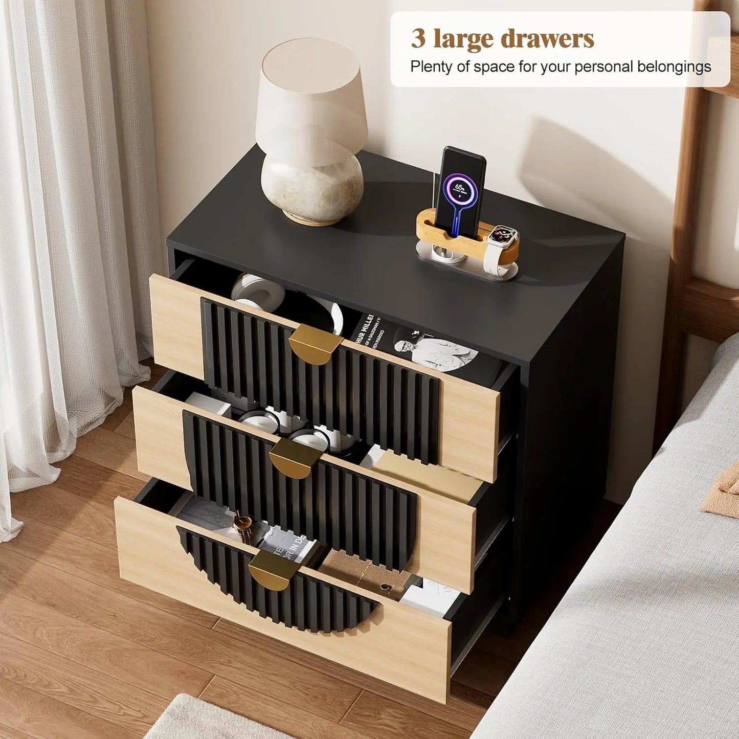 Symmetrical Arc 3 Drawer Nightstand With Charging Station