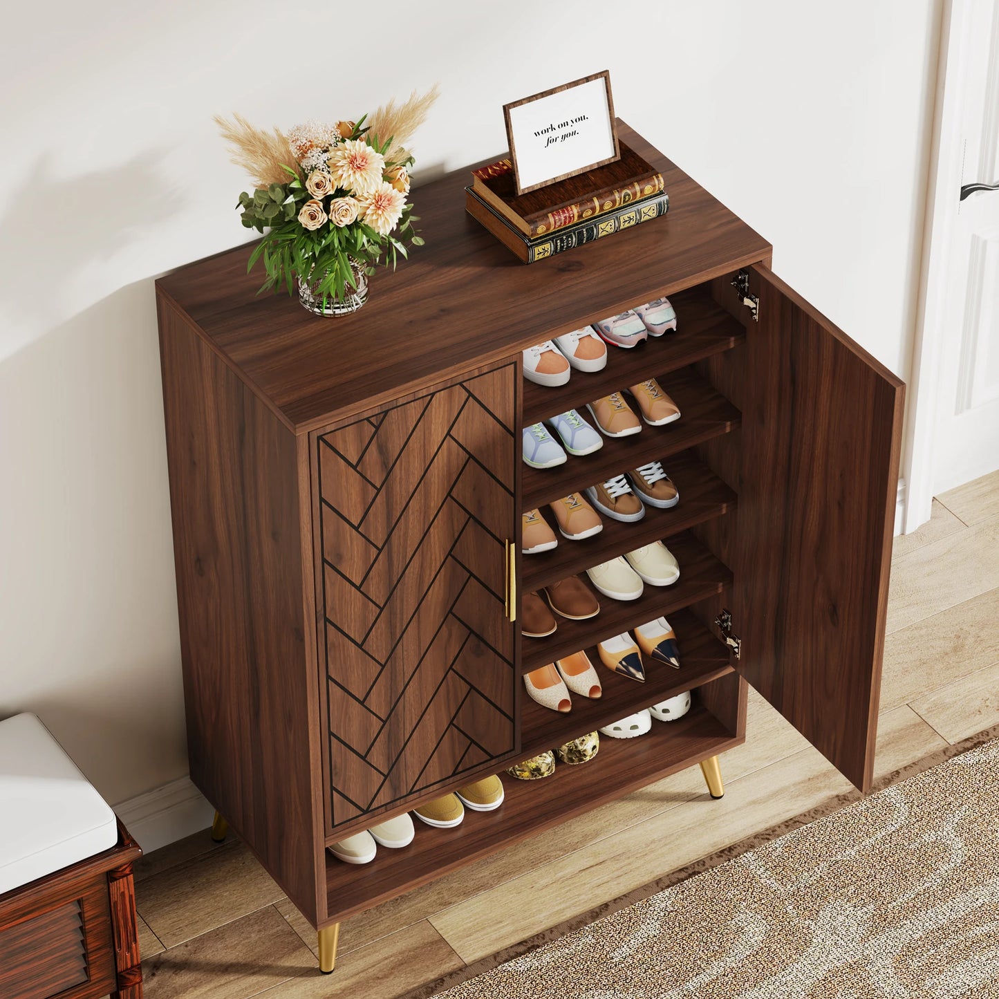 Tribesigns Six Tier Shoe Cabinet With Doors And Adjustable Shelves