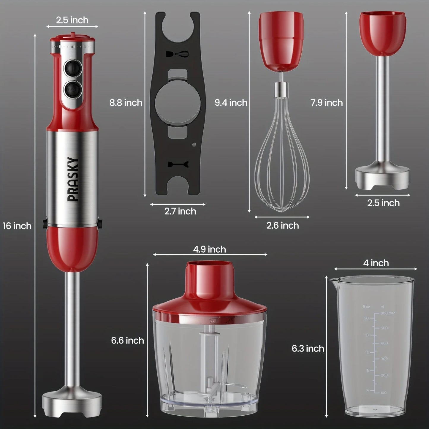 Prasky 5-In-1 Handheld Immersion Blender With Whisk And Meat Chopper