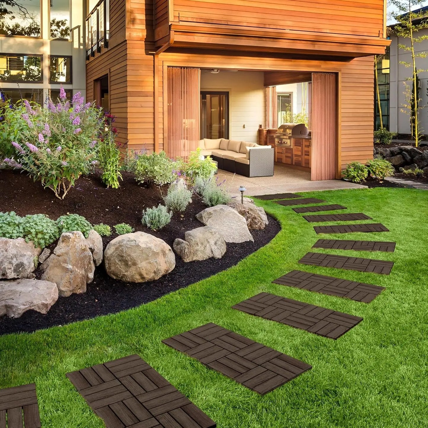 XMSJ Hardwood Interlocking Patio Deck Tiles Acacia Waterproof Wood