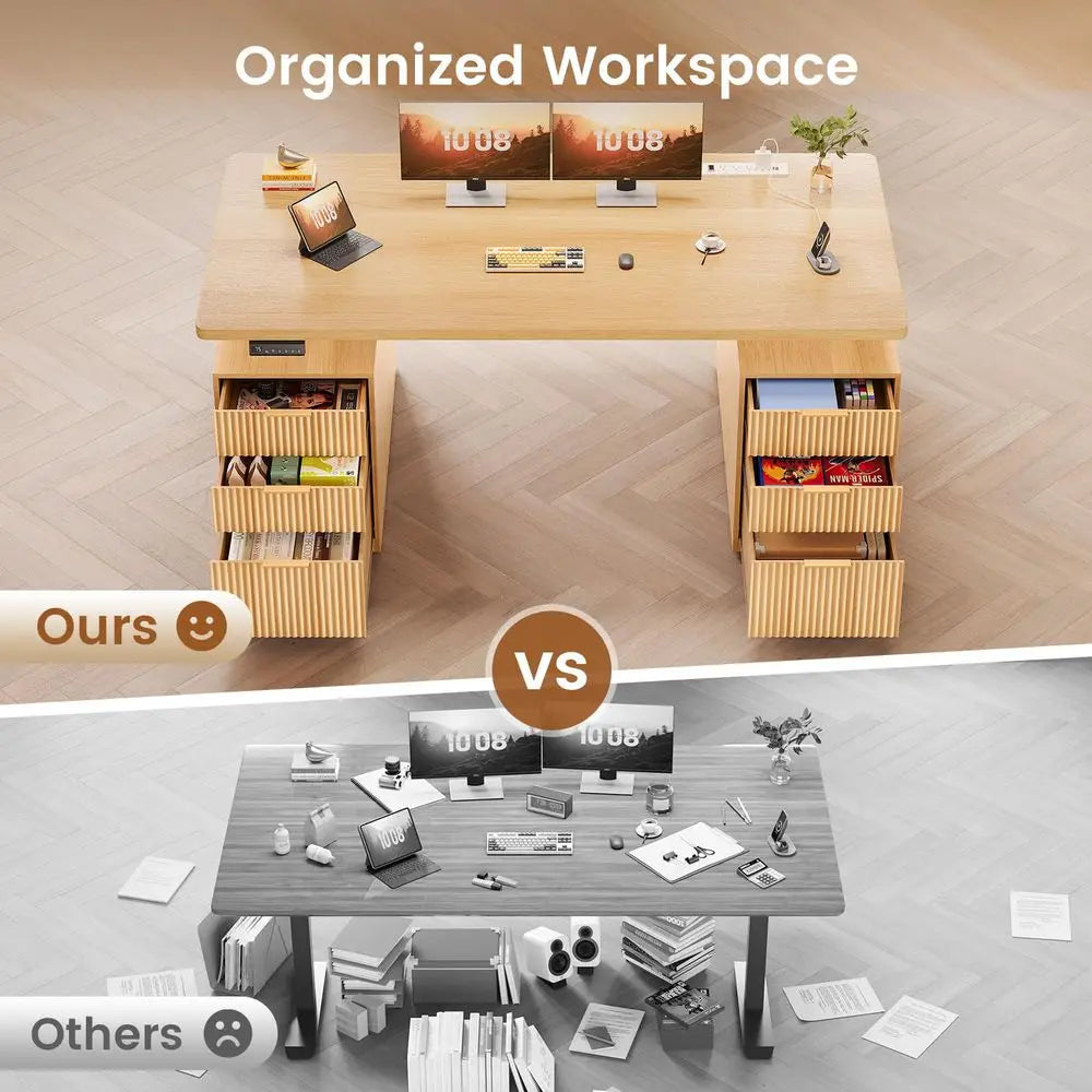 Electric Standing Desk With Six Drawers And Integrated Power Outlets