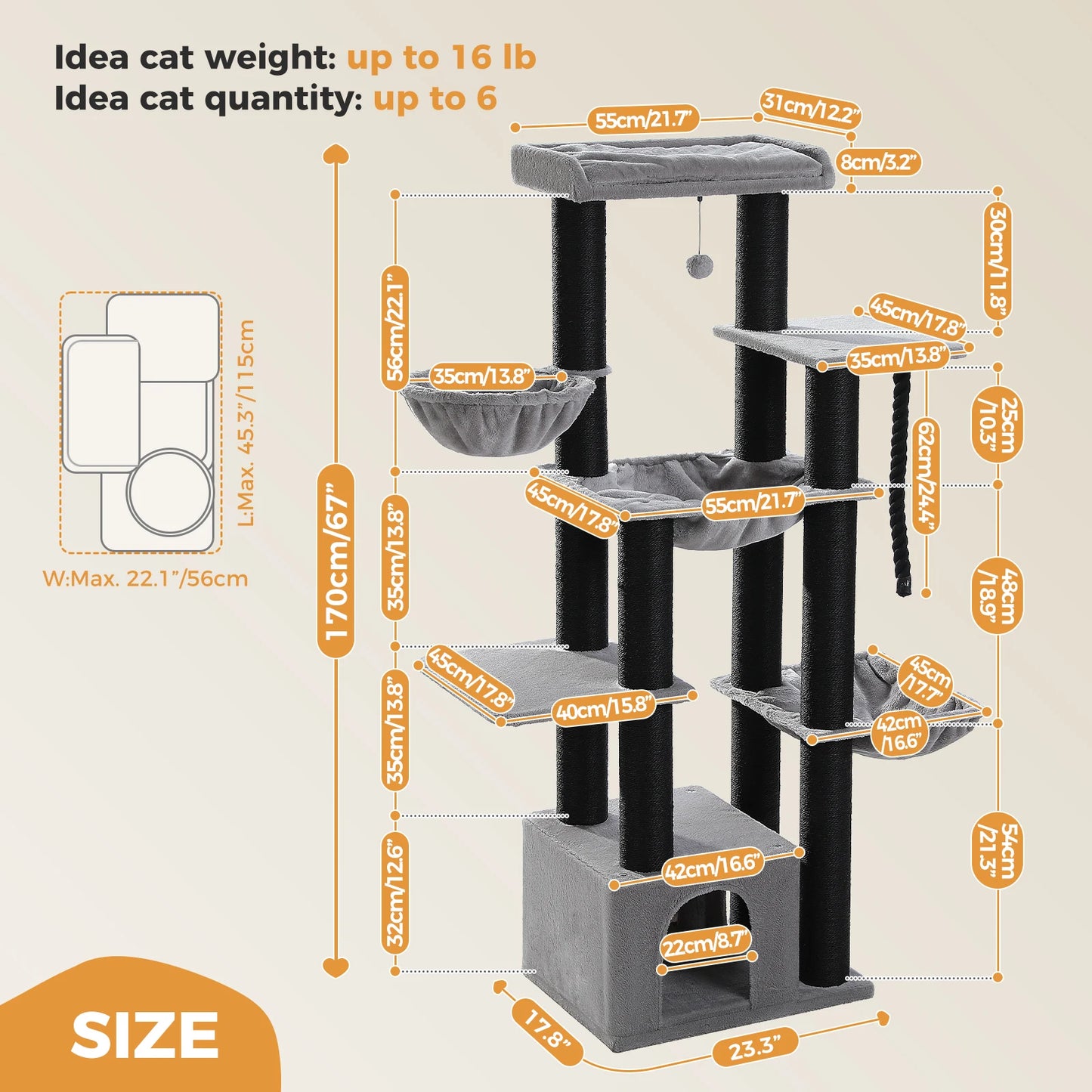 PAWZ Road Large Cat Tree Tower With Hammock And Levels
