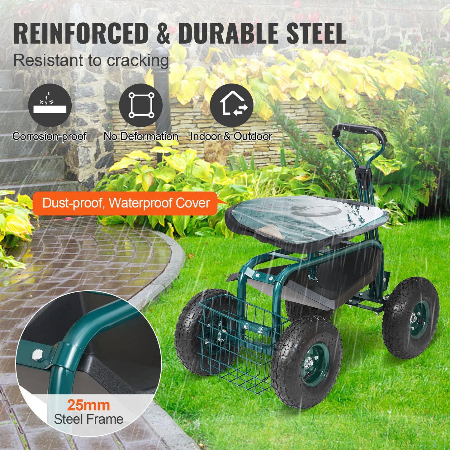 SucceBuy Garden Cart Rolling Workseat With Swivel Seat