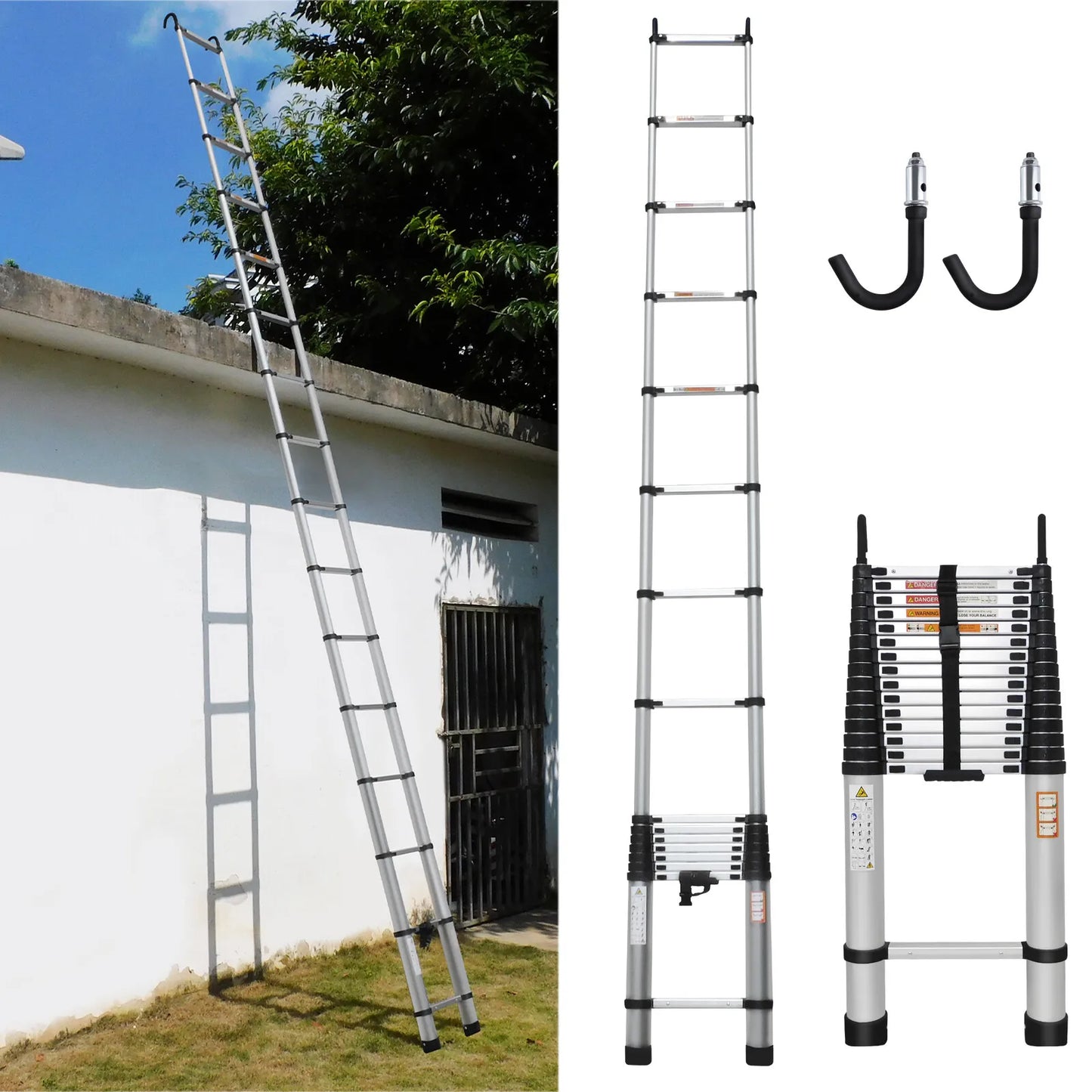 Briefness Telescopic Aluminum Ladder With Detachable Hooks 150kg Capacity