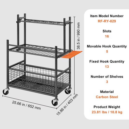 16 Slot Garden Tool Organizer Rack With Hooks And Wheels