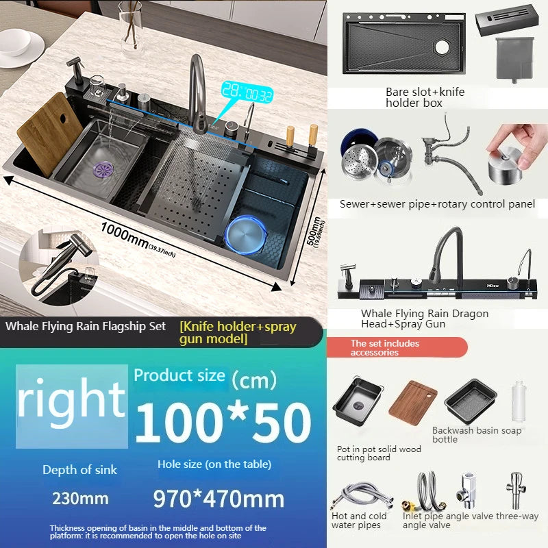 Telisiya Stainless Steel Waterfall Kitchen Sink With Digital Display