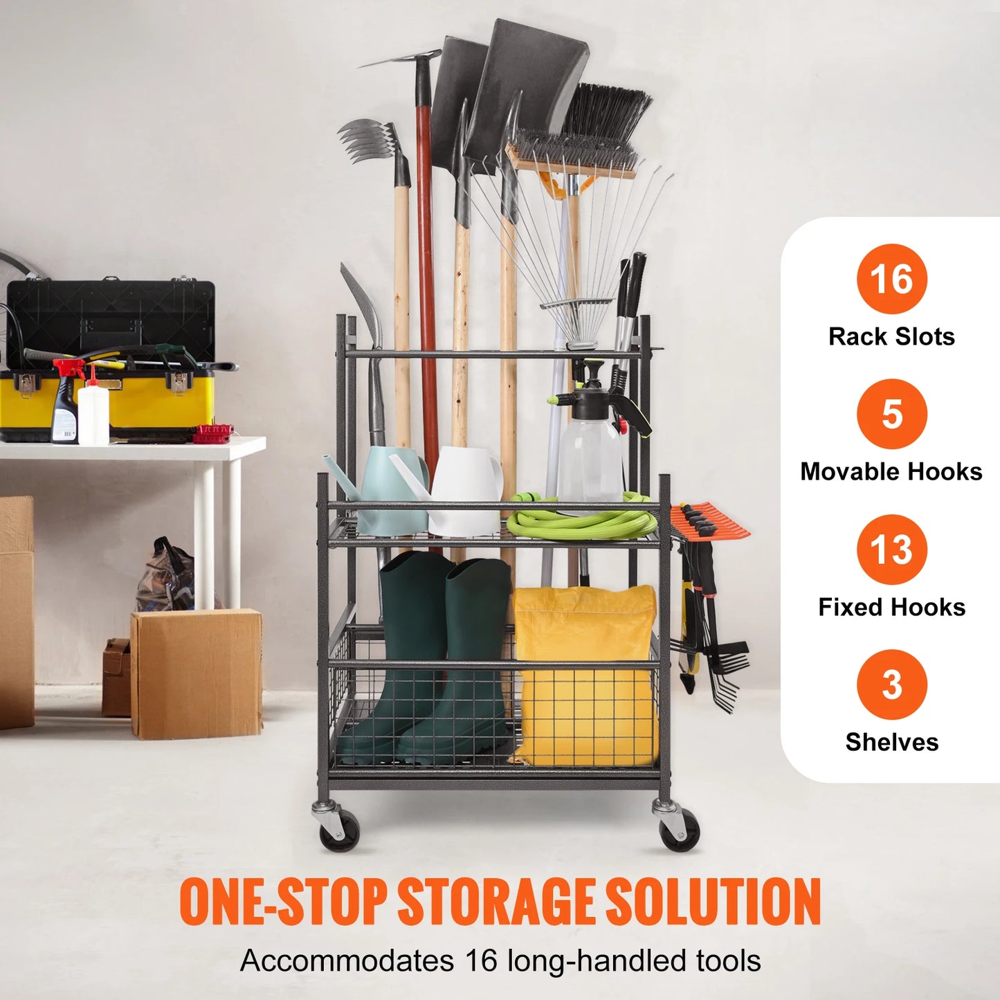 16 Slot Garden Tool Organizer Rack With Hooks And Wheels