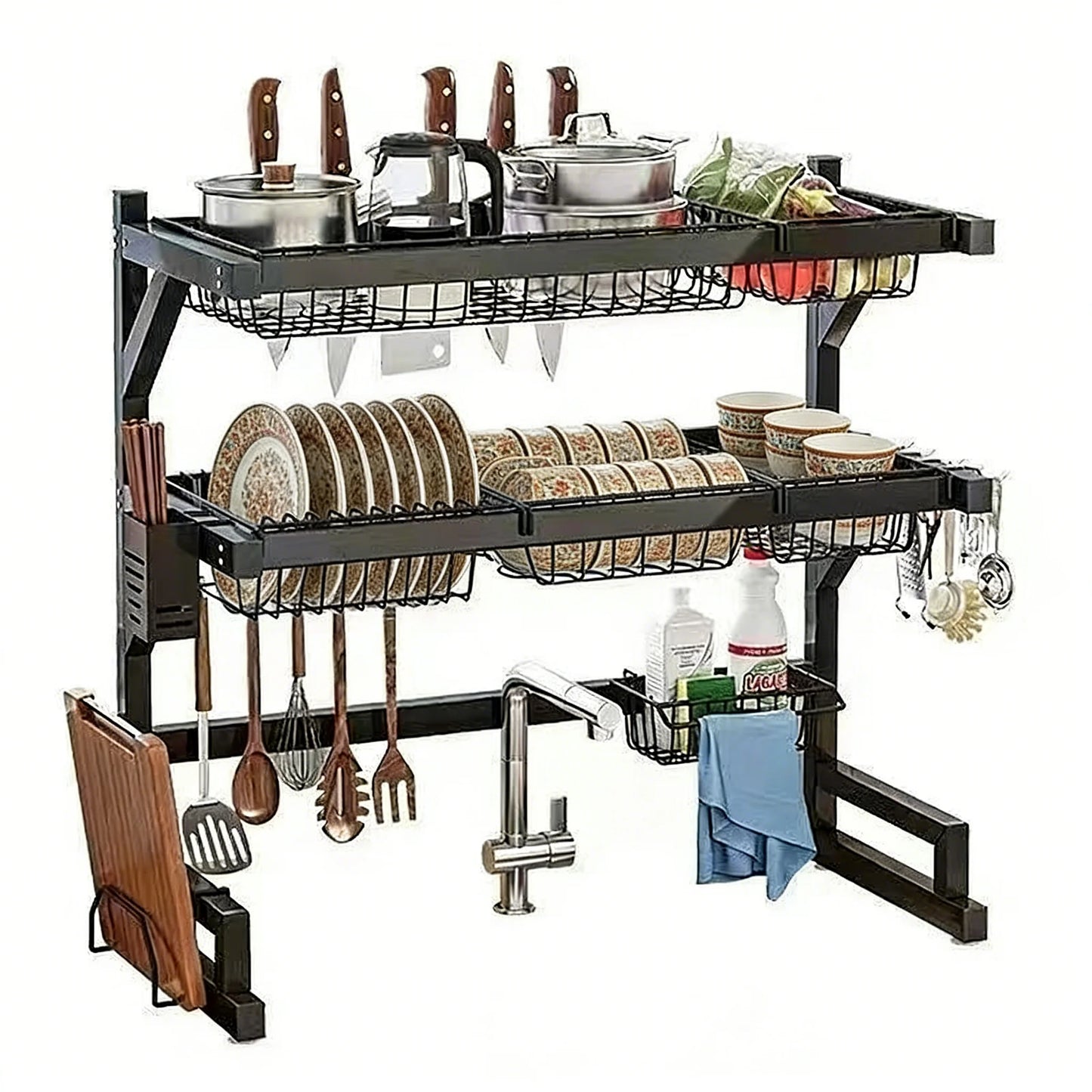 Over Sink Dish Drying Rack With Utensil Hooks And Shelves