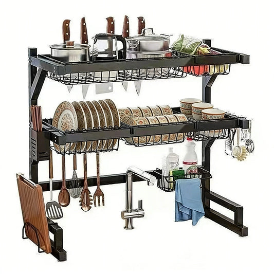 Over Sink Dish Drying Rack With Utensil Hooks And Shelves