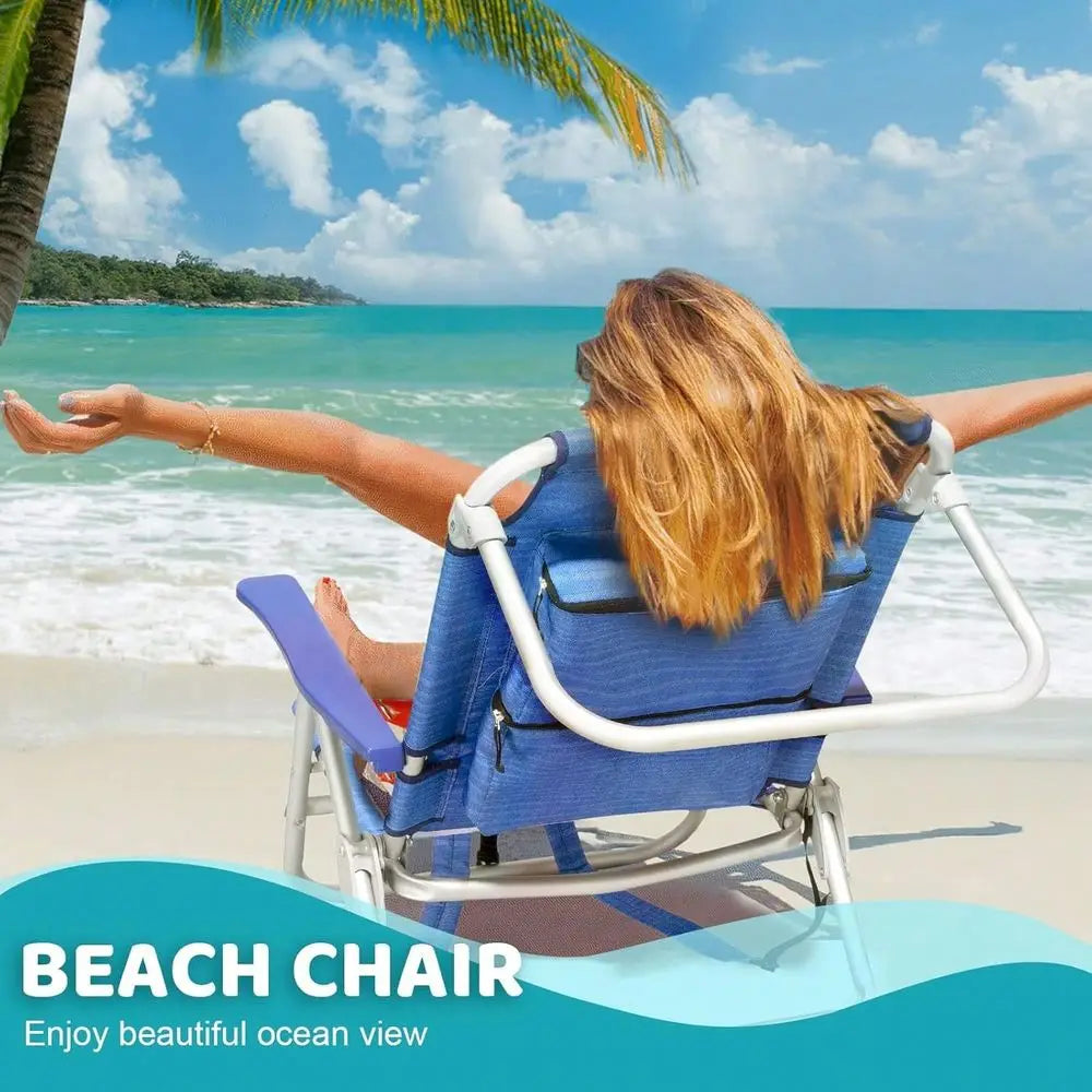 Beach Chair For Adult,Outdoor Camping Chair Lay Flat Folding Backpack Beach Reclining Chair,With Pockets Cup Holder