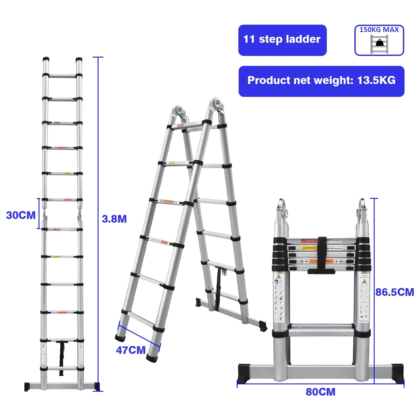 Aluminium Telescopic Ladder 3.8m To 5m Heavy Duty A Frame Non Slip 150kg