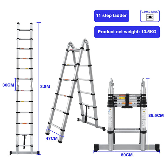 Aluminium Telescopic Ladder 3.8m To 5m Heavy Duty A Frame Non Slip 150kg