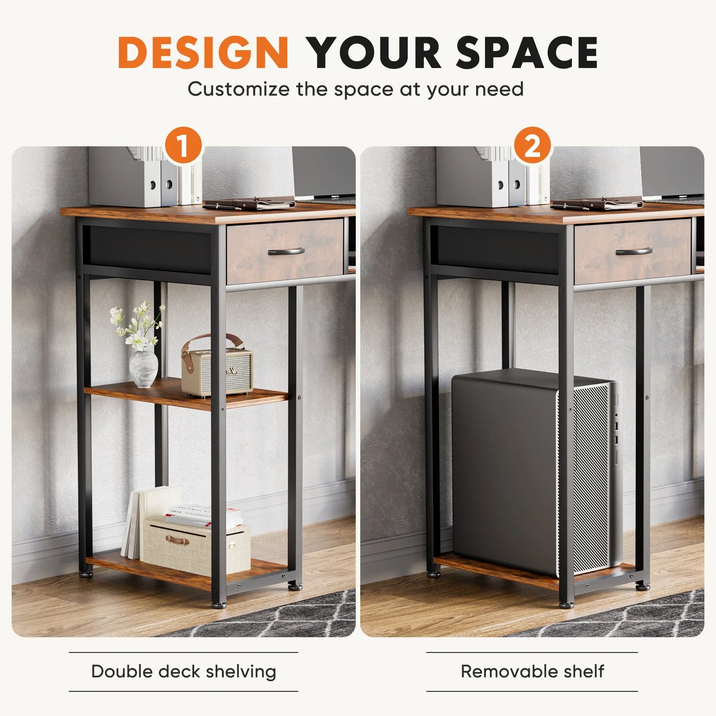 JHK Gaming Desk With Fabric Drawers And Storage Shelves