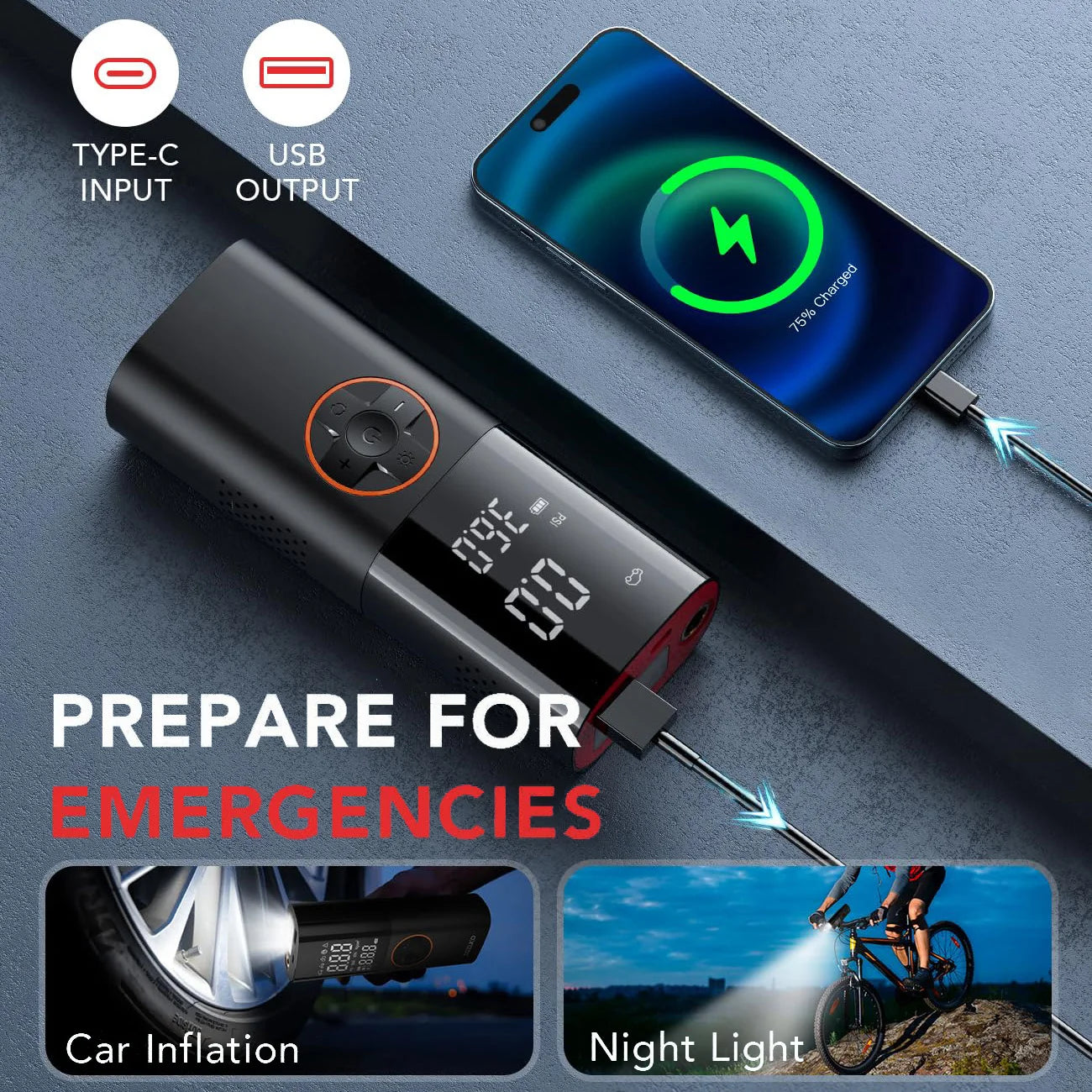 Portable Tire Inflator Air Compressor With LED Light And Pressure Gauge