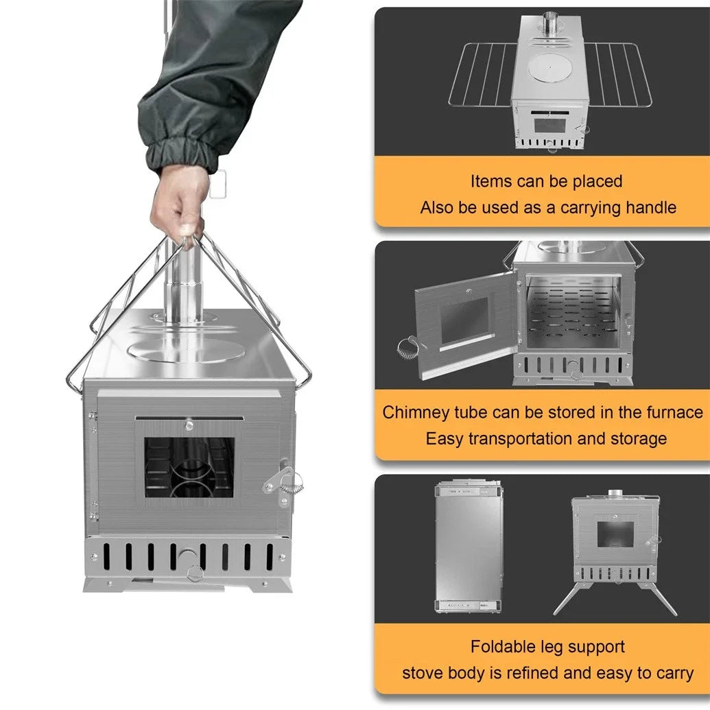 Wood Burning Tent Stove Portable With Six Stainless Chimney Pipes