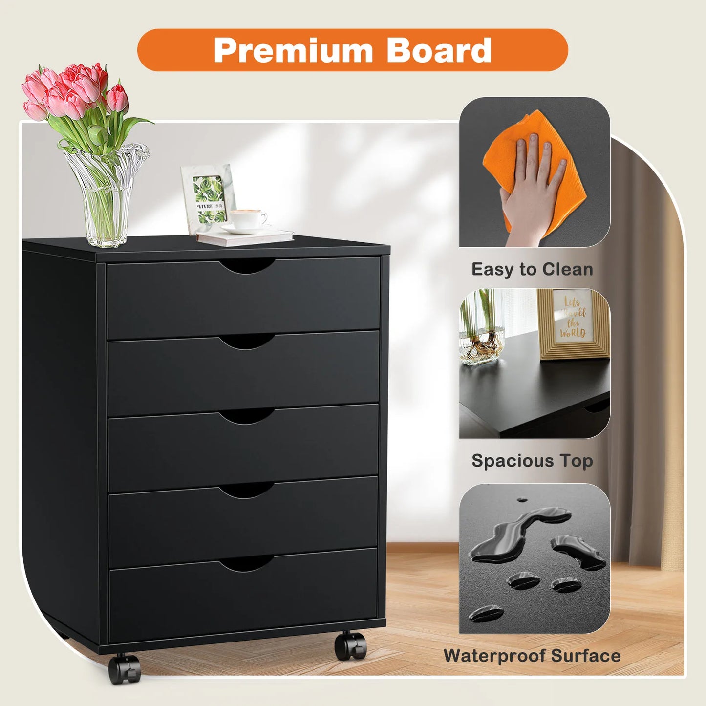 JHK Wood Nightstand Cabinet With Five Drawers On Wheels