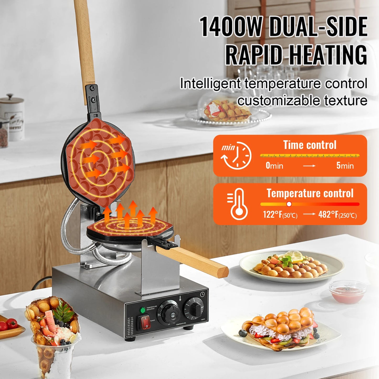 SucceBuy Commercial Egg Bubble Waffle Maker 1400W Rotatable