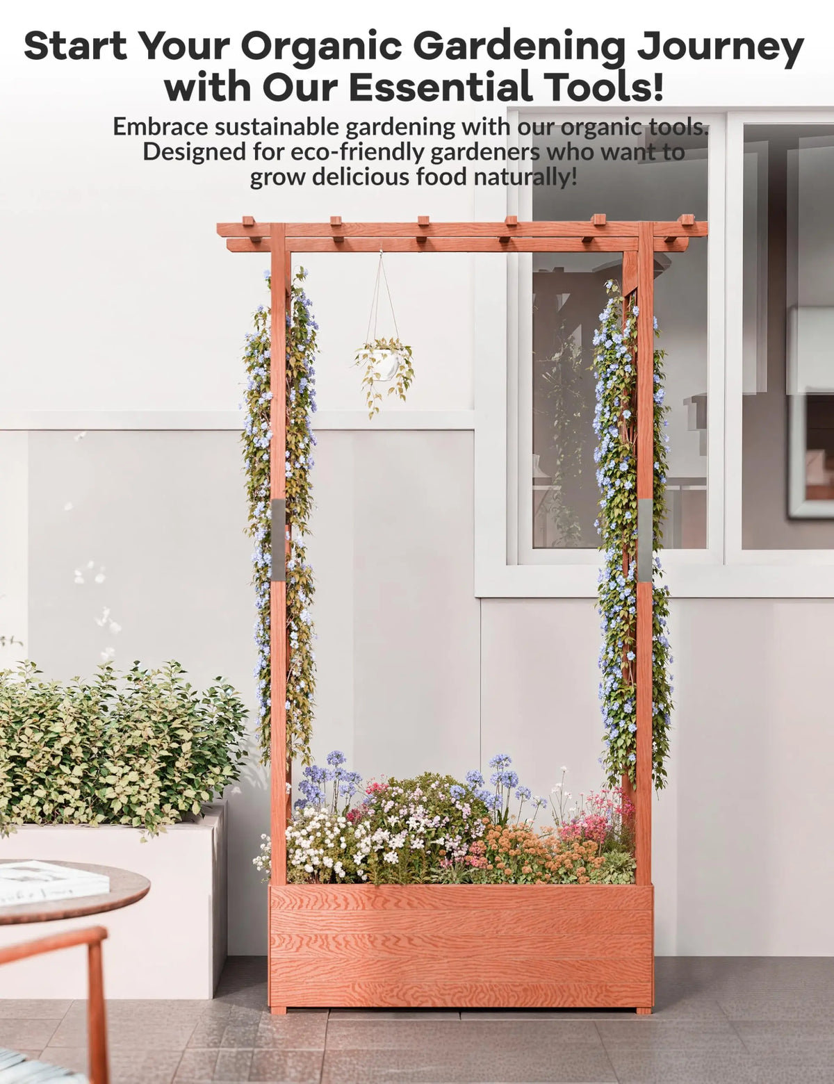 HiMISS Wooden Raised Garden Bed With Trellis Canopy Drainage