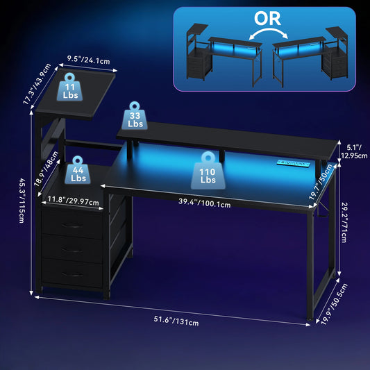 JHK Gaming Desk With LED Lights And 3 Storage Drawers