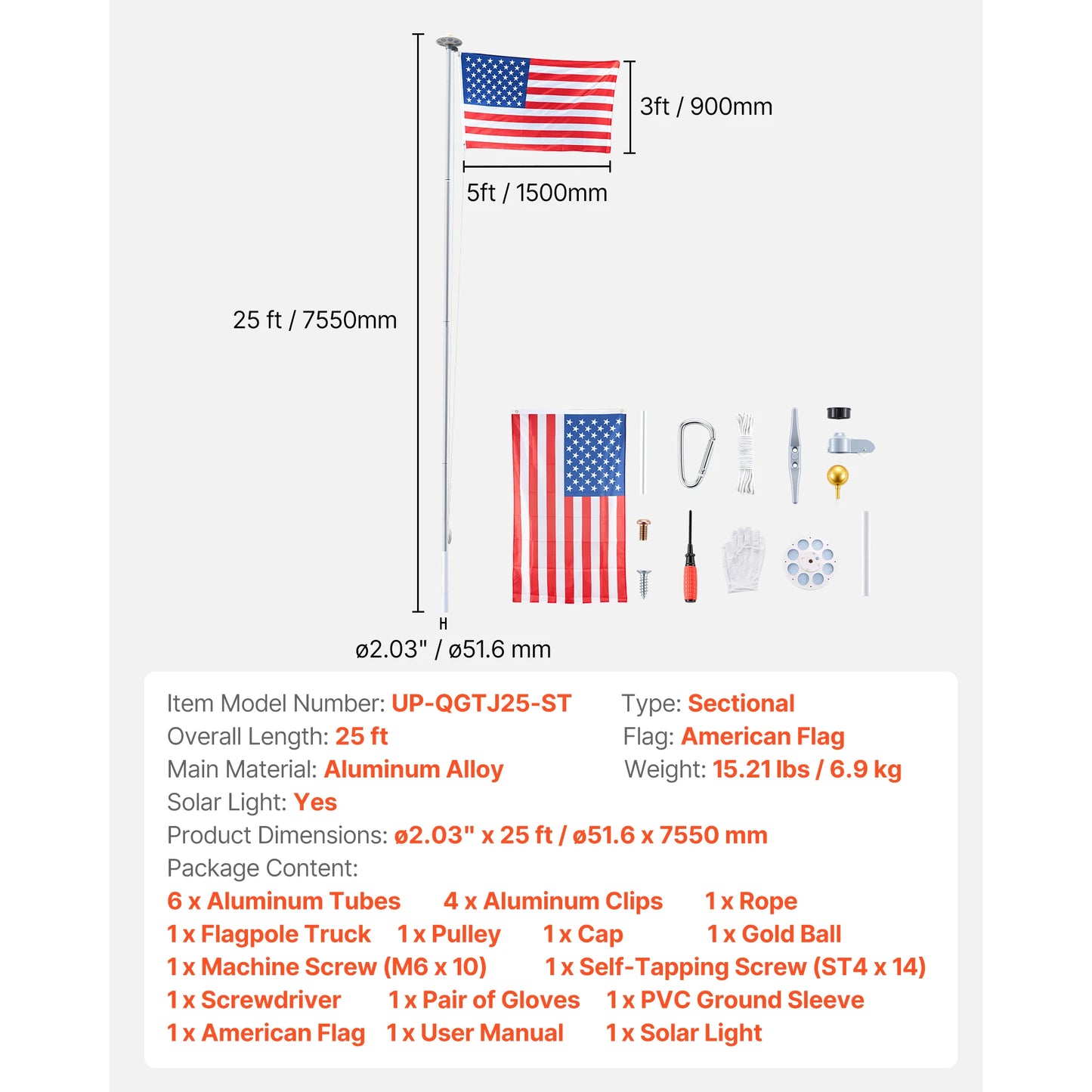 VEVOR 16 To 30 Ft In Ground Aluminum Flag Pole Kit With American Flag