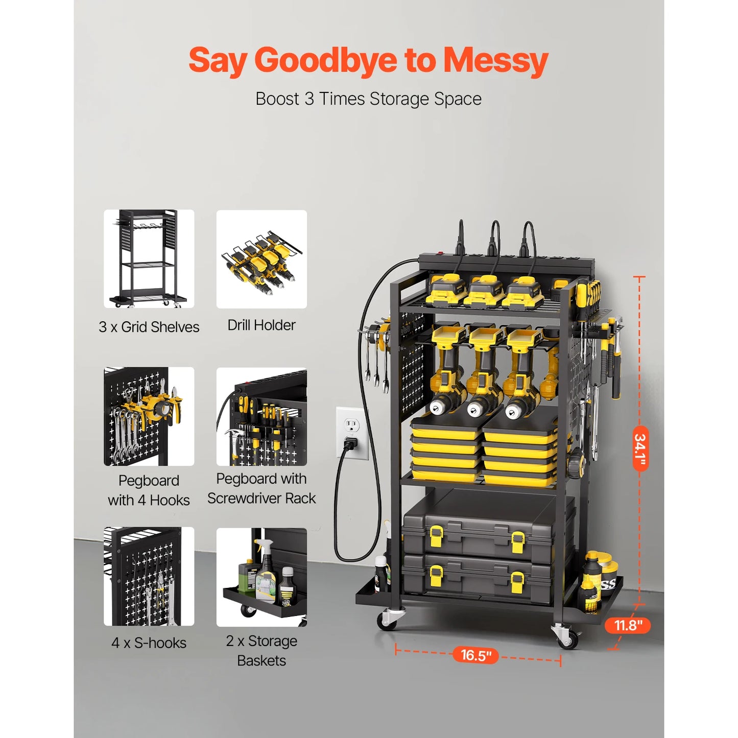 VEVOR 4-Tier Tool Organizer Cart With Charging Station For Workshop