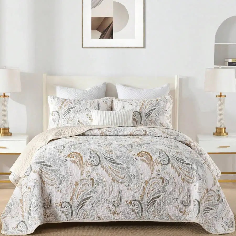 Yellow Paisley Quilt Set 3 Pieces Coverlet Bedding