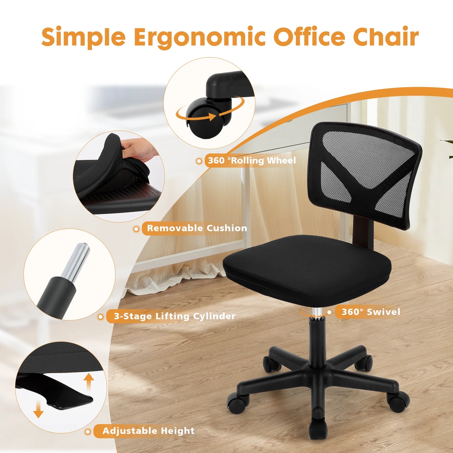 JHK Mesh Lumbar Armless Office Chair With Adjustable Height Wheels