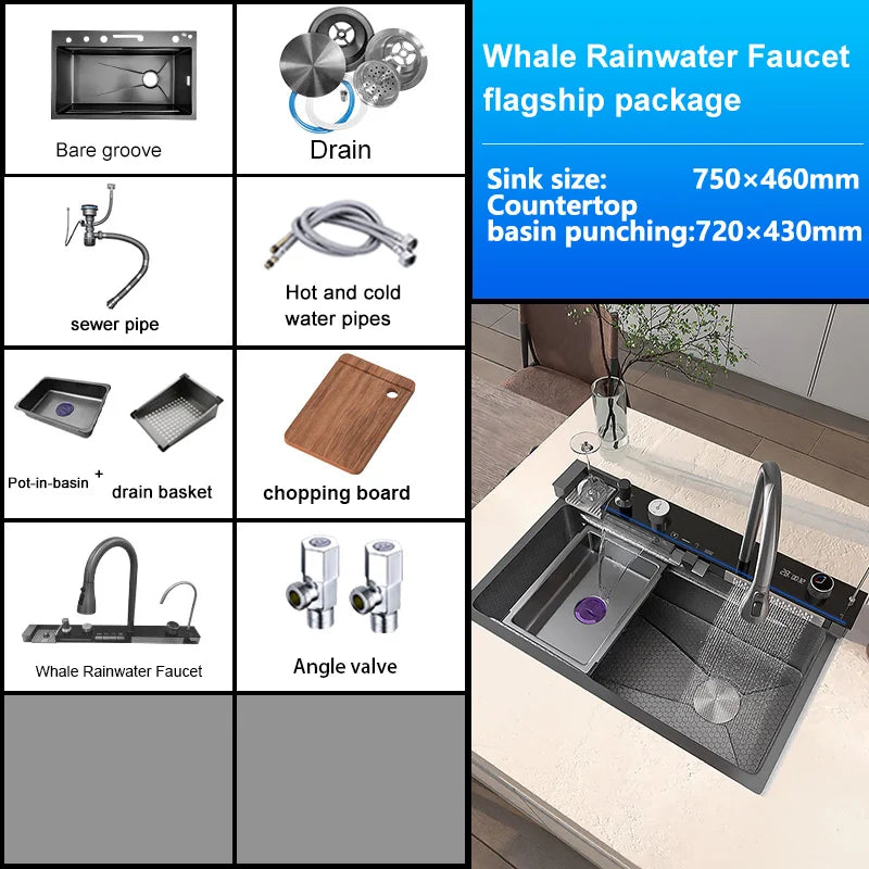 Telisiya Stainless Steel Waterfall Kitchen Sink With Digital Display