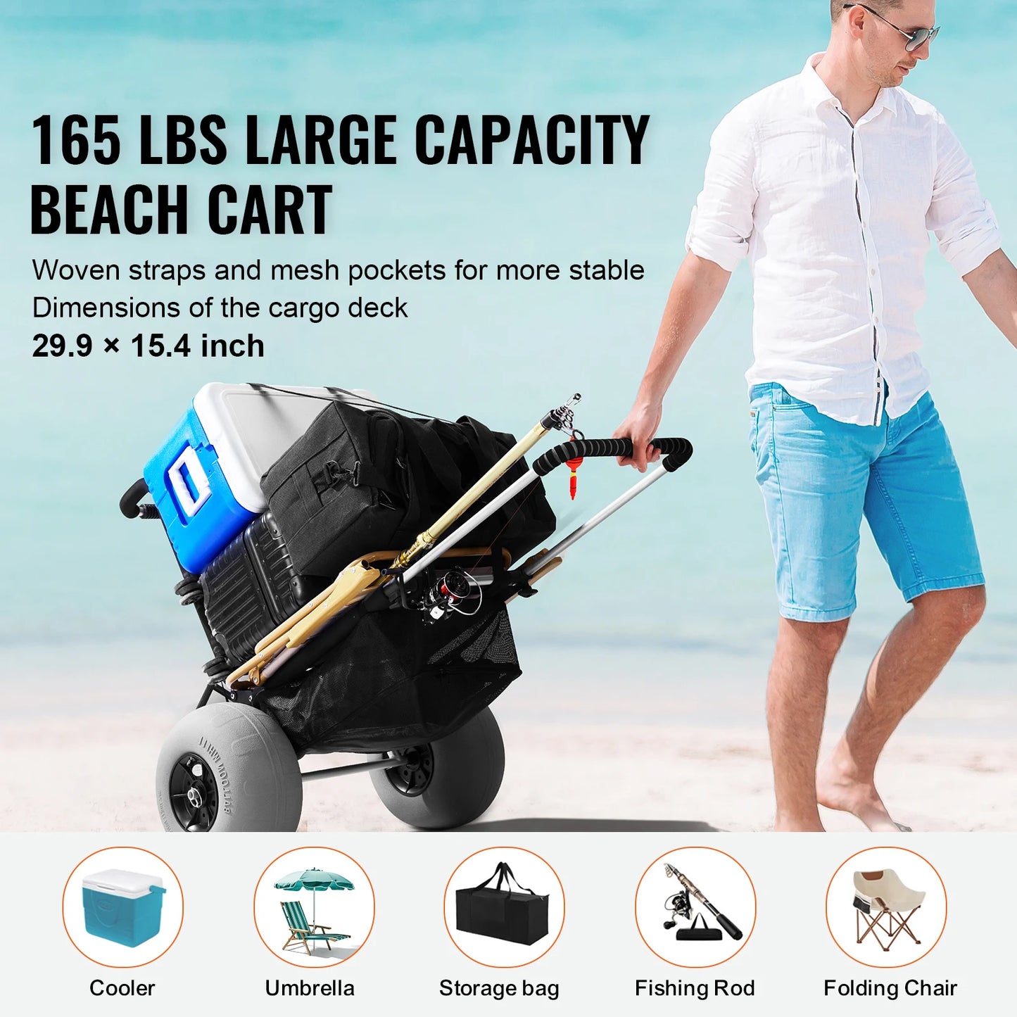 Succebuy Folding Beach Cart With Big Balloon Wheels And Cargo Deck