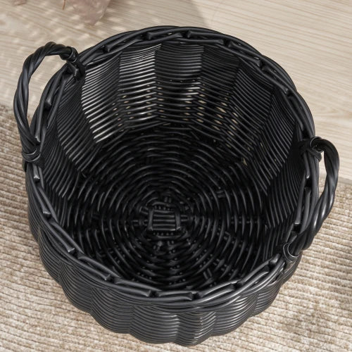 Round Resin Wicker Storage Basket With Handles For Home Organization