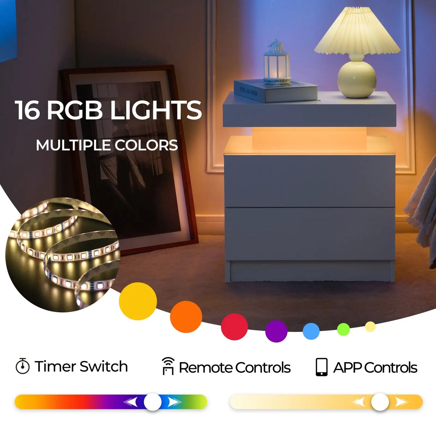 Cubehom Nightstand Set Of 2 With LED Lighting And Drawers