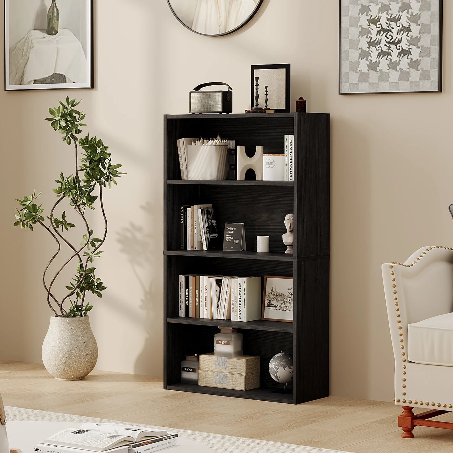 JHK 4 Tier Wooden Bookcase Floor Standing Bookshelf Living Room